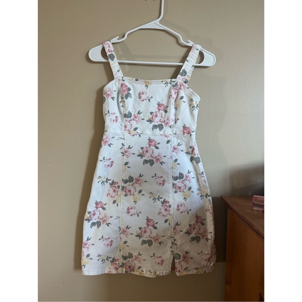 Hollister Floral Denim Mini Dress White Pink Rose Print XS